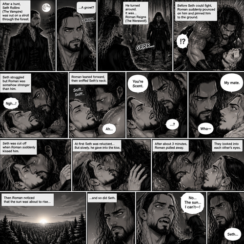 (Part 1 of the Werewolf x Vampire story). Seth Rollins (The Vampire) was out on a stroll after a hunt,Then…he heard a growl. He turned around, It was…Roman Reigns (The werewolf). Seth was about to fight,But Roman suddenly pounced on him and pinned him to the ground. Seth struggled But Roman was somehow stronger than him. Roman leaned forward,Then sniffed Seth’s neck. Seth gasped softly. “You’re Scent” Said Roman. Seth was confused. Roman looked at Seth’s eyes. “My mate” Said Roman. Seth’s eyes widened. “Wha-“ Seth was cut off when Roman suddenly kissed him. Seth slowly gave into the kiss. After about 3 minutes,Roman pulled away. They looked into each other’s eyes. Then Roman noticed that the sun was about to rise…and so did Seth. Seth panicked a little because vampires can’t stay in the sunlight