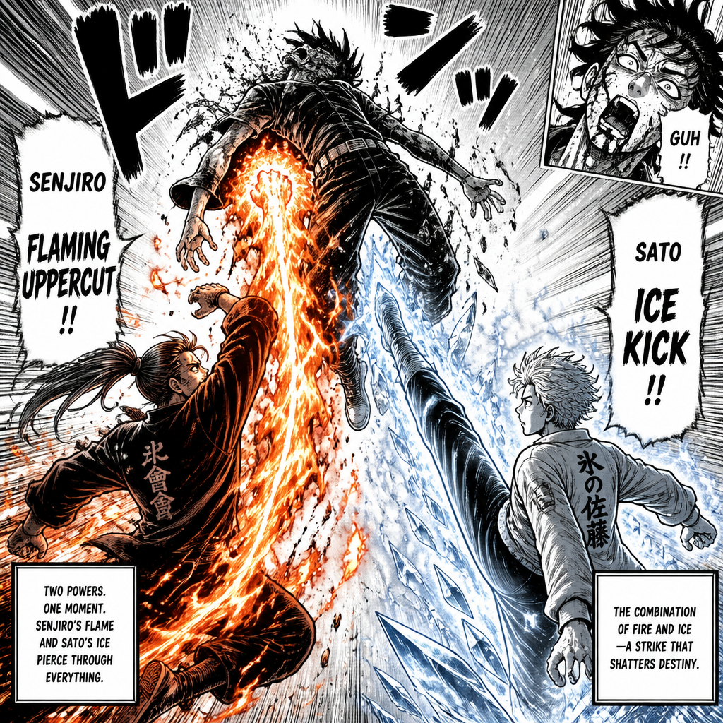 Senjiro hit her with a flaming uppercut and sato a ice kick