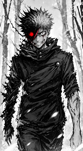 Black-and-white manga illustration of a person standing in dark layered clothing with a red eye glow.