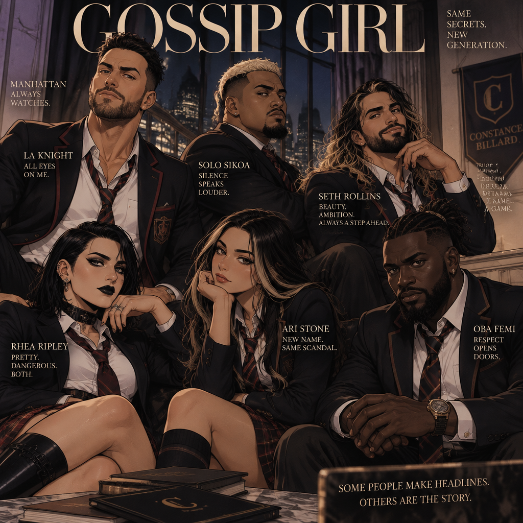 LA Knight,Solo Sikoa,Seth Rollins,Oba Femi,Rhea Ripley and Ari Stone (My wrestler oc) in Gossip Girl