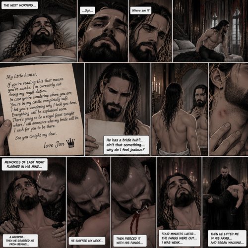 (Recap) Seth Rollins (The vampire hunter) was lured into the ruins by a whisper,Then Jon Moxley (The vampire king) grabbed him from behind,He sniffed Seth’s neck and then pierced it with his fangs,After 4 minutes the fangs were out of Seth’s neck,Seth was weak,Then Jon lifted Seth in his arms and began walking. (And now part 2). The next morning,Seth was still unconscious. Eventually…Seth’s eyes slowly opened,He was feeling tired,He was confused,then he looked at his surroundings,it was some sort of royal bedroom. “Where am I?” Seth asked himself. He slowly stood up off the bed,Then he sees a note on the nightstand,He picks it up and reads it. It says “My little hunter,If you’re reading this that means you’re awake. I’m currently out doing my royal duties. In case you’re wondering where you are,You’re in my castle completely safe. I bet you’re working why I took you here,Everything will be explained soon. There’s going to be a royal feast tonight where I will announce who my bride will be,I wish for you to be there. See you tonight my dear, love Jon”. “He has a bride huh?… ain’t that something….why do I feel jealous?” Seth said to himself. He sees a mirror and walks to it,He sees the bite mark on his neck,He gently traces it with his fingers. Memories of last night flashed in his mind