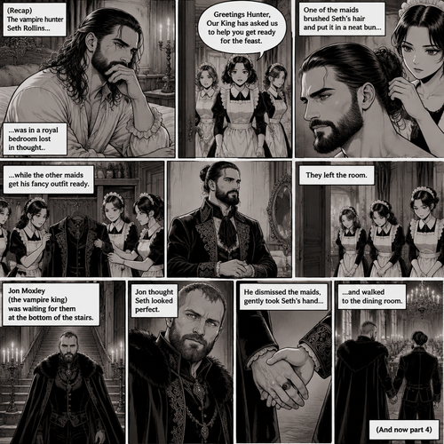 (Recap) Seth Rollins (The vampire hunter) was in a royal bedroom lost in thought,The maids knocked on the door and said “Greetings Hunter,Our King has asked us to help you get ready for the feast”,One of the maids brushed Seth’s hair and put it in a neat bun while the other maids get his fancy outfit ready,Seth puts the fancy outfit on,they left the room,Jon Moxley (the vampire king was waiting for them at the bottom of the stairs,Jon thought Seth looked perfect,He dismissed the maids,gently took Seth’s hand and walked to the dining room. (And now part 4)