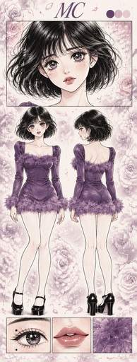 Manga illustration of a person with short dark hair, shown in portraits and a purple dress.