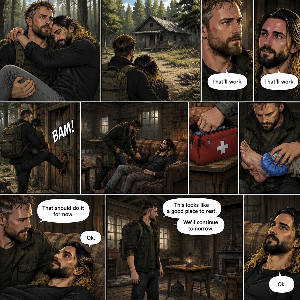 (Part 5). Still in the zombie apocalypse. Jon Moxley was walking in the woods while Holding Seth Rollins in his arms after emotional reunion near the river. Seth was resting his head on Jon’s shoulder while holding on. Jon looked ahead and he sees an abandoned Cabin. Seth Sees it too. Jon and Seth looked at each other,Then they looked back at the cabin. “That’ll work” Jon and Seth said in unison. Jon walked to the cabin,Then he kicked the door open and walked inside. He gently put Seth down on the couch. He reached into his bag and pulled out a first aid kit,He gently lifted Seth’s sprained ankle,He grabbed an ice pack from the first aid kit and gently puts it on Seth’s ankle. “That should do it for now” said Jon. Seth nodded. Jon looked at his surroundings. “This looks like a good place to rest” said Jon. “We’ll continue tomorrow” Jon continued. “Ok” said Seth