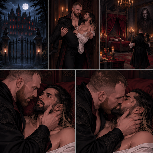 There’s a Dark Vampiric mansion in the woods,Inside there’s a dark Vampiric chamber.The door opens,A vampire (Jon Moxley) walks in carrying his human lover (Seth Rollins).Jon Gently puts Seth on the bed.Seth looked up at him.Seth was very nervous and excited,Because tonight…is his last night as a human,Tonight…Jon was going to turn Seth into a vampire.Jon caresses Seth’s cheek lovingly,then he gently kisses him
