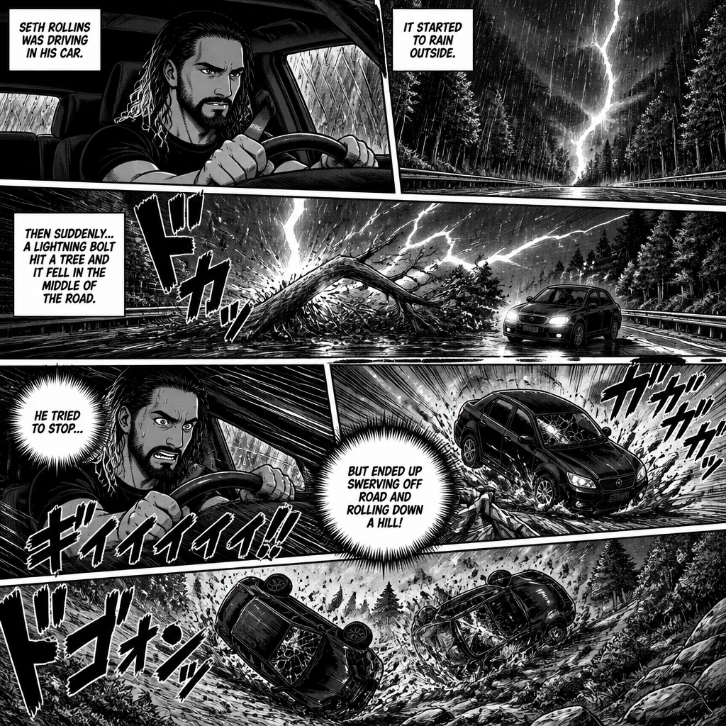 Seth Rollins was driving in his car,It started to rain outside.Then suddenly a lightning bolt hit a tree and it fell in the middle of the road.He Tried to stop…But ended up swerving off road and rolling down a hill