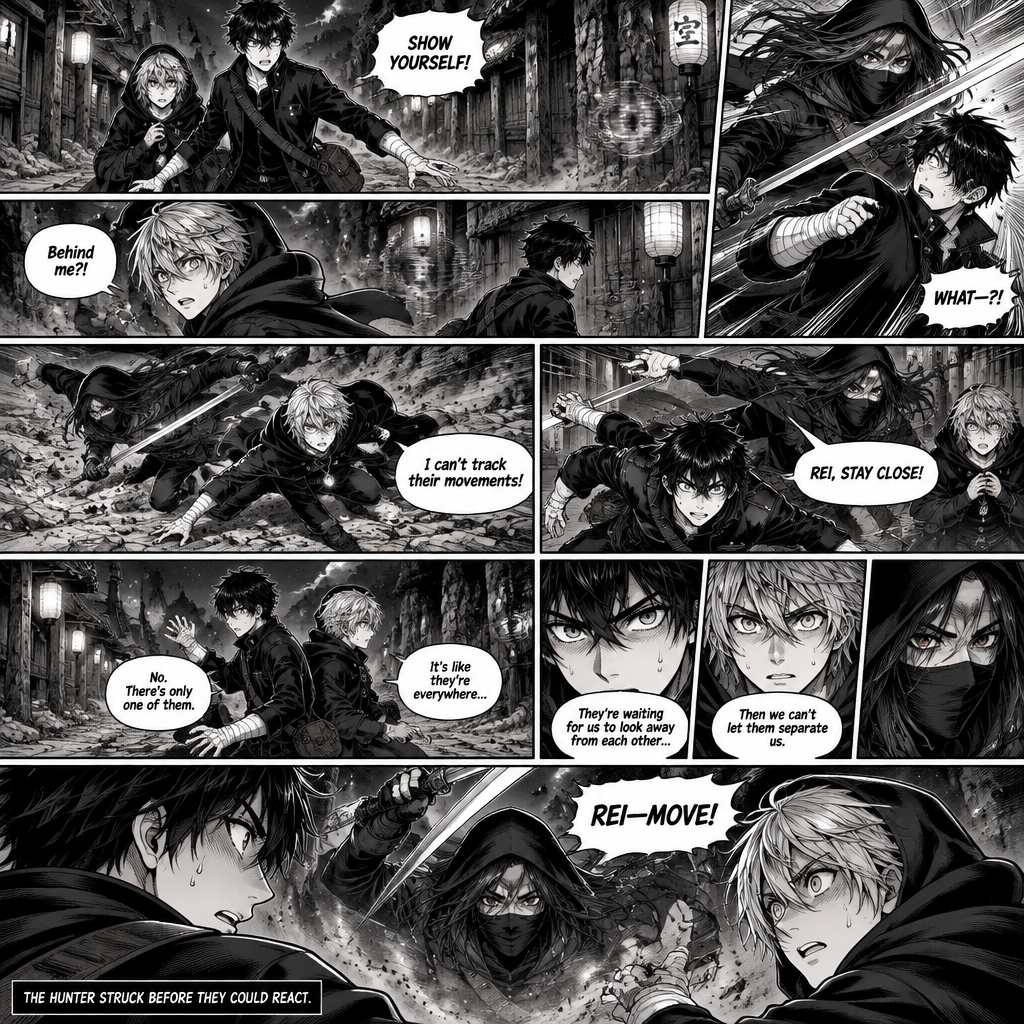 DRAGON STRIKERS
ABYSS — CHAPTER 1
NEXT PAGE: THE INVISIBLE HUNTER
PAGE FORMAT AND ART STYLE
Create one extremely detailed Japanese manga page with 8 clearly separated panels. Use traditional black-and-white manga artwork with professional ink work, dense cross-hatching, dramatic blacks, sharp highlights, detailed anatomy, cinematic compositions, expressive faces, and intense action choreography. Use right-to-left manga reading order. The page should feel like a tense, high-quality dark fantasy action manga chapter.
Every panel must continue the same fight in chronological order. Keep the characters’ faces, hairstyles, outfits, body proportions, accessories, and surroundings consistent. Use varied panel sizes: wide establishing panels, narrow vertical action panels, extreme close-ups, and one large final cliffhanger panel. Make all speech bubbles readable and keep them away from the characters’ faces.
CHARACTER DESIGN — STRICT CONSISTENCY
SORA AMAMIYA — PROTAGONIST
Sora is a 17-year-old Japanese boy, 178 cm tall, with a slim athletic build and youthful but defined facial features. He has messy, layered jet-black hair, sharply pointed irregular spikes, uneven bangs falling over his forehead, and intense light-grey eyes with dark pupils. His expression is usually observant, but he becomes fiercely determined when his friend is threatened.
He wears a fitted black high-collar jacket with silver buttons, a dark shirt underneath, black trousers, a black belt with a rectangular silver buckle, and black lace-up combat boots. White bandages wrap around both wrists and partially cover both hands. He carries a dark travel bag with a visible shoulder strap.
Preserve his exact hairstyle, eye shape, jacket design, bandages, belt, boots, and travel bag in every panel. His jacket and hair should react naturally to sudden movements. Do not give him a sword, new powers, glowing eyes, scars, tattoos, or clan symbols.
REI MIKAZUKI — SORA’S FIRST FRIEND IN THE ABYSS
Rei is a young Japanese boy with soft, layered silver hair, loose strands framing his face, cool blue-grey eyes, and a calm, intelligent appearance. His current expression shifts from confusion to fear, concentration, and determination as the fight escalates.
He wears a black hooded cloak with subtle blue accents over dark layered clothing, black trousers, and black boots. A blue crystal pendant hangs from a silver chain around his neck. In black-and-white artwork, represent the crystal with a distinctive bright highlight and tonal contrast.
Preserve his silver hairstyle, face, hood, cloak, pendant, and clothing throughout the entire page. His cloak should flow with his movements, but the pendant must remain attached to its chain.
THE ASSASSIN — THE INVISIBLE HUNTER
The assassin is tall and lean, with long, straight charcoal-black hair, narrow crimson eyes, a black mask covering the lower half of the face, a fitted black combat outfit, black gloves, dark trousers, black boots, and a long black hooded cloak. A dark-metal sword hangs at the waist.
The assassin can turn completely invisible. When visible, the assassin has a cold, calculating stare and controlled body language. Do not give the assassin glowing supernatural effects, extra weapons, or a different costume.
Show invisibility through faint ripples in the air, slight background distortion, displaced mist, disturbed dust, and brief glimpses of the assassin’s outline. The assassin must remain physically consistent whenever visible.
SETTING AND ATMOSPHERE
The fight takes place near the deserted outer border of the Abyss village at night. The path is uneven and rocky, with fractured stone, loose gravel, patches of dirt, and a few weeds growing between cracks. Tall, weathered wooden buildings stand farther behind the characters. Traditional hanging lanterns illuminate sections of the path, creating alternating pools of light and deep shadow.
Towering cliffs rise beyond the village border. Narrow trails disappear between the rocks. Thin mist drifts close to the ground. Wooden beams, roof edges, hanging ropes, and distant lanterns create strong depth in the background.
Keep the setting consistent in all eight panels. As the assassin moves, the lantern light should reveal tiny disturbances in the mist, while shadows make it difficult for Sora and Rei to locate the attacker.
The environment should feel quiet and abandoned. There are no villagers nearby to help them.
⸻
PANEL 1 — THE MOMENT BEFORE THE ATTACK
Wide horizontal establishing panel.
Sora stands slightly in front of Rei on the rocky path, his feet planted apart and his shoulders tense. His right hand is extended slightly outward to protect Rei, while his left hand remains close to his body. His dark travel bag hangs from his shoulder.
Sora’s messy black hair shifts in the cold night breeze. His light-grey eyes scan the surrounding buildings, rooftops, cliffs, and dark gaps between the lanterns.
Rei stands half a step behind Sora, his silver hair partially framed by his hood. One hand is raised defensively near his chest, and his blue crystal pendant rests against his dark clothing. His eyes move cautiously across the deserted path.
Neither character can see the assassin.
Near a wooden building behind them, show an extremely subtle ripple in the air. A thin section of mist bends unnaturally around an invisible shape. Most readers should notice it only after looking carefully.
Dialogue — Sora, shouting into the darkness:
“SHOW YOURSELF!”
Use a bold, jagged speech bubble for the shout. Keep the background dark and the two characters sharply outlined by the distant lantern light.
PANEL 2 — THE FIRST UNPREDICTABLE STRIKE
Tall vertical action panel with a sharply tilted camera angle.
The assassin suddenly becomes visible on Sora’s left side, emerging from the edge of a deep shadow. The assassin’s long black hair trails behind the movement, the hooded cloak flares outward, and the dark-metal sword is already swinging toward Sora.
Show the attack diagonally across the panel. The assassin’s body is low and balanced, with the front foot driving forward and the sword arm extending through a fast, controlled strike.
Sora’s eyes widen as he realizes the attacker has appeared almost beside him. He twists his upper body backward and bends his knees, narrowly avoiding the blade. His right hand rises instinctively to protect his head. The white bandages around his wrist and hand should be clearly visible.
His jacket pulls sharply across his shoulders, his hair whips away from his face, and his travel-bag strap shifts from the sudden movement.
The sword passes through empty air just above his shoulder. Use dense speed lines behind the blade and small streaks of reflected lantern light along the dark metal.
The assassin’s crimson eyes remain fixed on Sora.
Dialogue — Sora:
“WHAT—?!”
Make the speech bubble small and jagged, showing that the attack caught him off guard.
Do not show a wound. The danger comes from how narrowly Sora avoids the strike.
PANEL 3 — THE ATTACKER DISAPPEARS
Narrow horizontal panel, focused on Rei’s reaction.
Before Sora can turn to counterattack, the assassin vanishes completely.
The assassin’s silhouette breaks apart into a faint distortion, leaving only disturbed mist and a few tiny pieces of dust suspended in the lantern light. Do not depict teleportation magic or a portal; the assassin simply becomes invisible.
Rei immediately notices a disturbance behind his right shoulder. His silver hair shifts as he turns sharply, his eyes widening and his cloak beginning to swing around his body.
In the background, Sora is still recovering from his evasive movement. He turns his head toward Rei, realizing that the attacker has changed targets.
Show a faint curved distortion behind Rei’s cloak, barely visible against the dark wooden wall.
Dialogue — Rei:
“Behind me?!”
His expression should show surprise and growing alarm, but he is still trying to react intelligently.
PANEL 4 — REI’S NARROW ESCAPE
Dynamic diagonal action panel with a low camera angle near the rocky ground.
The assassin briefly reappears behind Rei, striking from a different direction than before.
Rei drops his center of gravity and throws his upper body sideways, his left boot scraping across the gravel. His cloak swings outward in a broad arc, revealing the dark layered clothing underneath. The silver chain of his pendant shifts with the movement, and the crystal catches a small flash of lantern light.
The assassin’s sword cuts through the space where Rei had been standing a fraction of a second earlier. The blade passes beside his cloak without making contact.
Show small stones scattering beneath Rei’s boot and a trail of dust rising from the ground. The assassin’s long black hair crosses part of the masked face, while the narrow crimson eyes remain visible.
The assassin’s body language should look economical and precise, as if every movement is calculated to exploit the moment when Rei looks elsewhere.
Rei lands awkwardly but stays on his feet. His face now shows focused concentration rather than simple surprise.
Dialogue — Rei:
“I can’t track their movements!”
Use speed lines to emphasize the sudden change of direction, but keep both characters’ bodies and the sword clearly readable.
PANEL 5 — SORA TRIES TO INTERVENE
Wide action panel with strong foreground and background separation.
Sora immediately rushes toward Rei after seeing him attacked. His expression changes from surprise to fierce determination. His eyebrows draw down, his jaw tightens, and his light-grey eyes lock onto the space beside Rei.
Show Sora sprinting across the uneven ground, one arm extended for balance and the other drawn close to his body. His jacket flares behind him, his travel bag bounces against his back, and the white bandages on his hands contrast against the dark clothing.
For a moment, the assassin appears to be nowhere nearby.
Then a subtle distortion forms directly behind Sora’s shoulder.
The assassin becomes visible at the last instant, emerging from invisibility with the sword raised for another fast strike. The assassin’s cloak streams backward and the blade catches a thin highlight from a lantern.
Sora notices the movement at the edge of his vision and drops into a sudden crouch. The sword passes above him, missing by a narrow margin.
Rei turns toward Sora, startled by the attack coming from yet another direction.
Dialogue — Sora:
“REI, STAY CLOSE!”
The bubble should be bold and urgent, positioned near Sora without covering the sword or his face.
PANEL 6 — TWO FRIENDS AGAINST ONE HUNTER
Large horizontal panel with a slightly elevated camera angle.
Sora and Rei finally retreat toward each other until they stand back-to-back in the center of the rocky path.
Sora faces the village buildings and the dark rooftops. His knees are slightly bent, his shoulders squared, and his bandaged hands raised defensively. His eyes move from one shadow to another, searching for any sign of movement.
Rei faces the cliffs and the narrow path behind them. His cloak settles around his legs, but his posture remains tense. His cool blue-grey eyes follow the faintest movements in the drifting mist.
Neither boy speaks for a moment.
The empty space around them becomes the focus of the composition. Several subtle distortions appear in different parts of the background: one beside a wooden post, another near a rooftop edge, and another close to the ground near the cliffs.
These distortions must not look like multiple clones or multiple assassins. They are visual suggestions of the same assassin moving unpredictably and becoming invisible between attacks.
Lantern light falls across the boys’ faces while the rest of the path sinks into heavy black shadows.
Dialogue — Rei, quietly:
“It’s like they’re everywhere…”
Dialogue — Sora:
“No. There’s only one of them.”
Sora is trying to reason through the fight, even though he does not yet know how to predict the assassin’s movements.
PANEL 7 — THE ASSASSIN’S REAL ADVANTAGE
Three connected close-up compositions within one panel.
First close-up: Sora’s light-grey eyes narrow. A small reflection of a lantern appears in one pupil. His eyebrows are drawn together, and a slight bead of sweat is visible near his temple. His expression shows that he is beginning to understand the strategy behind the attacks.
Second close-up: Rei’s cool blue-grey eyes move toward a faint distortion near the edge of the panel. A loose strand of silver hair falls across his forehead. His lips are pressed together, and one hand is clenched near the blue crystal pendant.
Third close-up: The assassin’s crimson eyes emerge from complete darkness. The upper half of the masked face is visible for an instant, framed by long charcoal-black hair and the shadow of the hood. The expression is cold and patient.
The assassin is not attacking randomly. Every strike comes from a direction that forces one boy to turn away from the other, preventing them from defending each other effectively.
Dialogue — Sora:
“They’re waiting for us to look away from each other…”
Dialogue — Rei:
“Then we can’t let them separate us.”
Their words should sound serious and natural. They are beginning to adapt, but they have not solved the problem.
PANEL 8 — THE CLIFFHANGER
The largest panel on the page, occupying the entire bottom section.
Show Sora and Rei standing close together on the rocky path, both beginning to turn toward a sudden distortion in the air directly between them.
The camera is positioned slightly behind and below the boys, making the emerging assassin appear threatening without obscuring the characters.
The assassin is becoming visible in the narrow gap between them. First the outline of the hood appears, then strands of charcoal-black hair, the black mask, and the crimson eyes. The dark-metal sword is already raised in preparation for another attack.
The assassin’s cloak fills part of the dark background. The mist bends around the figure, and tiny pieces of gravel near the assassin’s boots are displaced by the sudden movement.
Sora’s eyes widen as he recognizes the threat. His right shoulder begins to turn, and his bandaged hand moves instinctively toward Rei.
Rei’s expression changes from concentration to shock. His silver hair and hood shift as he starts to react.
Neither character has fully moved out of the attack’s path yet.
The sword should be clearly visible, but it must not make contact with either character. This is a suspenseful cliffhanger, not a completed injury.
Dialogue — Sora:
“REI—MOVE!”
Place the speech bubble near the top of the panel, with the sword and the assassin’s face remaining unobstructed.
At the bottom edge, add a small black rectangular caption:
“THE HUNTER STRUCK BEFORE THEY COULD REACT.”
End the page at this exact moment. Do not show the outcome of the attack.
FINAL QUALITY REQUIREMENTS
* Exactly eight panels in chronological order.
* Consistent character faces, hairstyles, clothing, accessories, and body proportions.
* Accurate sword positioning and physically readable action.
* Clearly distinguish the assassin’s visible and invisible states.
* Show only one assassin.
* Use dynamic perspective without confusing the reader about where the characters are standing.
* Keep the village border, cliffs, wooden buildings, rocky path, and lanterns consistent.
* Use detailed black-and-white inks, cross-hatching, speed lines, environmental shadows, and dramatic lighting.
* Keep every speech bubble readable and preserve the specified dialogue exactly.
* Do not introduce new powers, weapons, characters, backstory, or unexpected plot revelations.
* No graphic injuries, gore, colour, or unrelated scenes.
* The final panel must create suspense and lead directly into the next page of the fight.