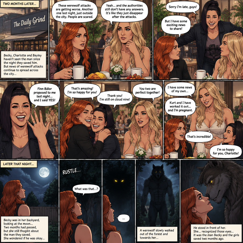 (Part 2 of the Werewolf X human story). It’s been two months since the night Becky Lynch and Her friends Charlotte Flair and Bayley saved the Man (Seth Rollins). They haven’t seen him since. Becky and charlotte were having brunch at a cafe,They were talking about the recent werewolf attacks. Then Bayley showed up late….with a happy grin on her face. She apologized for being late and sat at the table. Then she said she’s has some exciting news to share with the two of them….Finn Bálor proposed to her last night…and she said yes. Becky and Charlotte were happy and excited for Bayley. Then Charlotte said she’s has some news of her own. She and her husband (Kurt Wagner a.k.a nightcrawler) have worked it out…and She’s pregnant. Becky and Bayley were happy and excited for Charlotte. Later that night,Becky was in her backyard looking at the moon…then…She heard a noise from the forest near her house. She looked closely. A pair of Yellow eyes were looking at her. A werewolf slowly walked out of the forest and walked towards her. Her heart was pounding. The werewolf stood in front of her. She….recognized those eyes….it was the man Becky and the girls saved two months ago