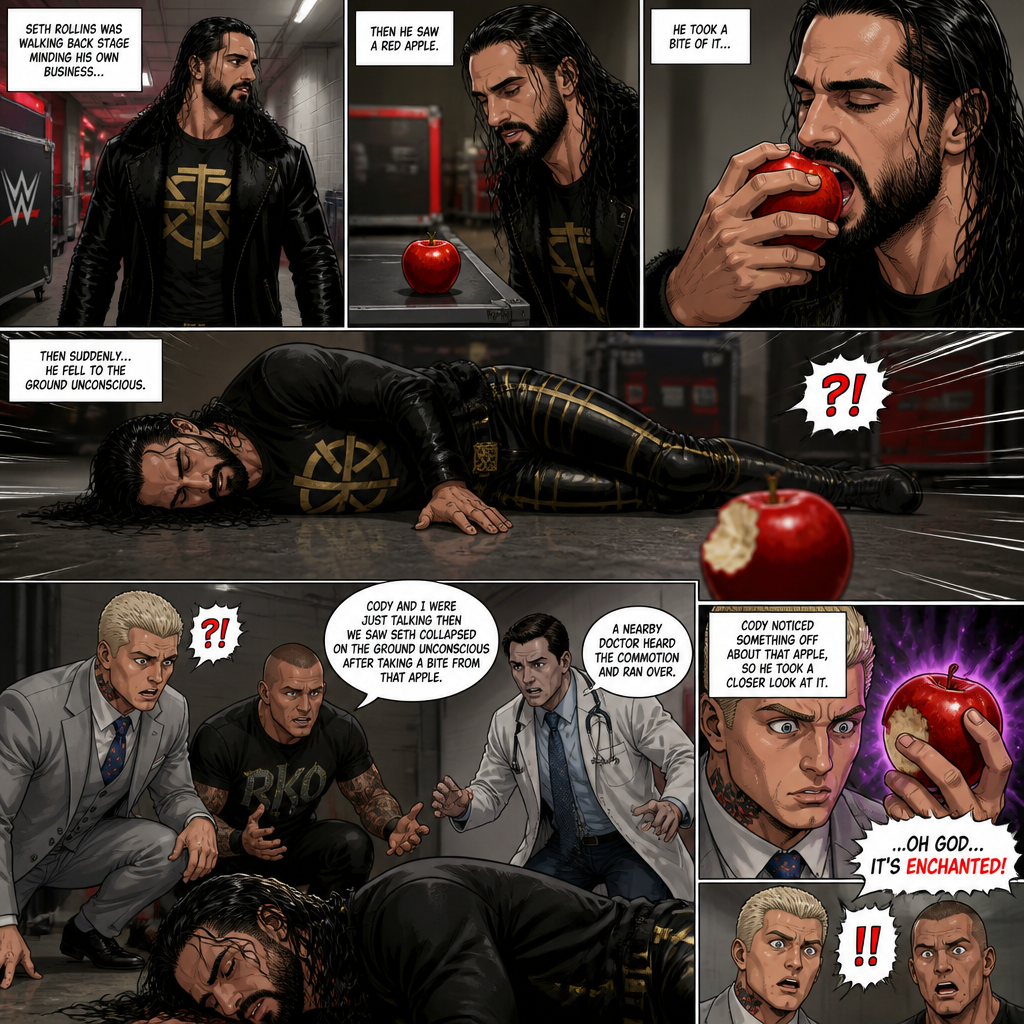 Seth Rollins was walking back stage minding his own business,Then he saw a red apple.He took a bite of it…Then suddenly fell to the ground unconscious.Cody Rhodes and Randy Orton saw what happened and rushed Over to him.A nearby doctor heard the commotion and ran over.”Cody and I were just talking then we saw Seth collapsed on the ground unconscious after taking a bite from that apple” Randy said to the doctor.Cody noticed something off about that apple,So he took a closer look at it.”..Oh god…It’s enchanted!” Said Cody.They were shocked
