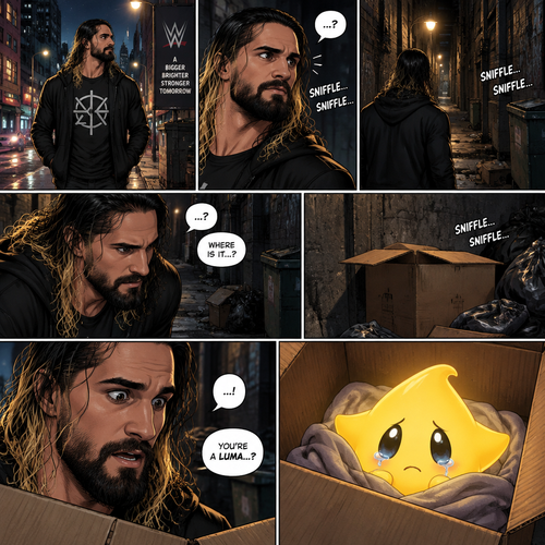 Seth Rollins was having a stroll down the street at night,then…he heard a small crying sound. He followed the sound to an alleyway. At first he didn’t see anything…then he heard the small crying noise coming from a box. He looked inside…he couldn’t believe it…it was a star (Luma)