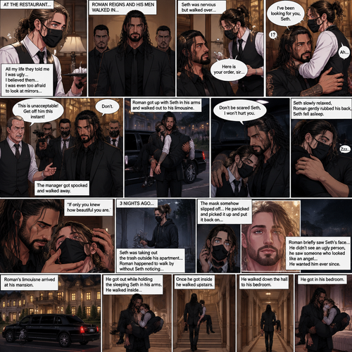 (Recap) Seth Rollins is a waiter at a restaurant,He’s wearing a mask that covers his face because all his life he was told he was ugly and he believed them,He’s also was even too afraid to look at mirrors,Then Roman Reigns (Mafia Boss) and his men walked in and sat down at a table,He wanted to see Seth personally,Seth was nervous but walked over here,Roman wrapped his arm around Seth’s waist and pulled him onto his lap,Seth gasped softly,Roman stated that he’s been Looking for Seth,Seth was confused,The manager walked over and was about to lecture Seth but Roman’s men pointed their weapons at him,Roman gave him a cold look and said “Don’t”,The manager got spooked and walked away,Roman got up with Seth in his arms and walked out to his limousine. He put Seth on the seat,Then he got in and sat beside him,The driver drove away,Roman Wrapped his arm around Seth,”Don’t be scared Seth,I won’t hurt you” Roman Said softly. Seth slowly relaxed,Roman gently rubbed Seth’s back,Seth fell asleep,Roman gently traced the mask on Seth’s face,”If only you knew how beautiful you are” Roman said Softly,3 nights ago Seth was taking out the trash outside his apartment,Roman happened to walk by without Seth noticing,The mask somehow slipped off Seth’s face,He panicked and picked it up and put it back on,Roman briefly saw Seth’s face,He didn’t see an ugly person,he saw someone who looked like an angel,He wanted him ever since. (And now part 4). Roman’s limousine arrived at his mansion. He got out while holding the sleeping Seth in his arms. He walked inside,Once he got inside he walked upstairs. He walked down the hall to his bedroom. He got in his bedroom