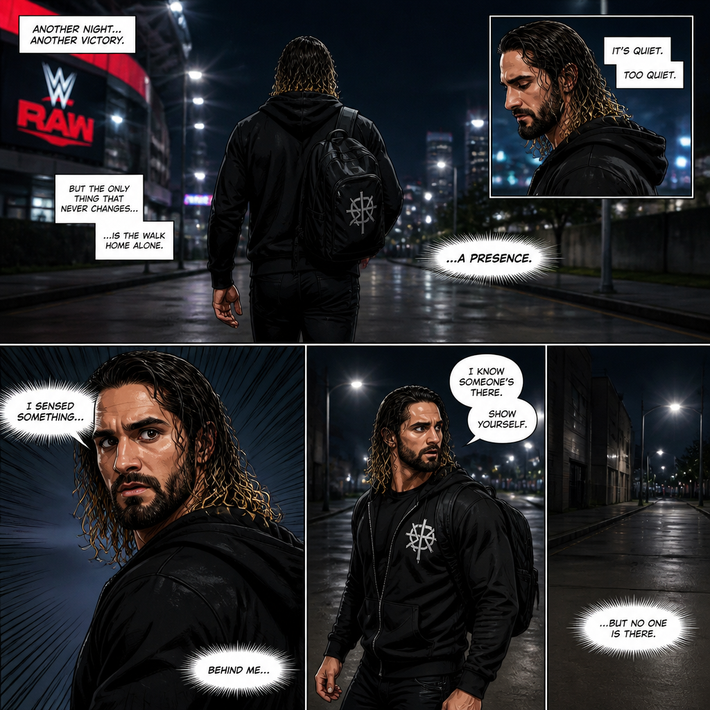 Seth Rollins walking home from the arena alone.Then…he sensed a presence behind him…He turned around…but no one was there