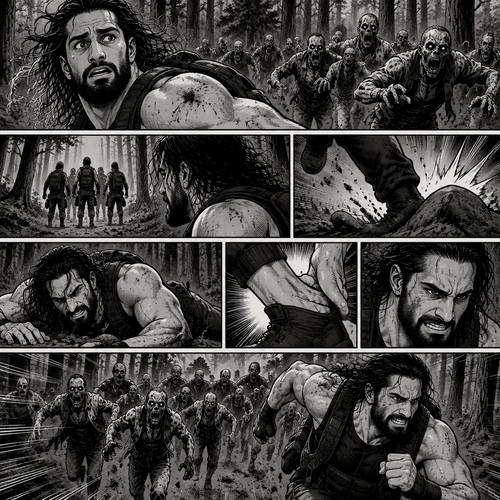 We’re in the woods during a zombie apocalypse,Someone was running…and that someone…is Seth Rollins. He was running from a zombie horde after being abandoned and left to die by his own group. He kept running….Till he tripped on a rock and sprained his ankle. The zombie horde was gaining on Seth,So he kept running despite the pain in his ankle