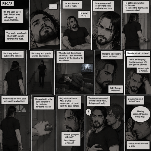 (Recap). It’s the year 2015,Seth Rollins was kidnapped By Dean Ambrose,The world was black,Then Seth slowly opened his eyes,He was in some sort of room,He slowly sat up,He was confused as to where he is and why he’s here,He got up and walked to the door,He turned the door handle it was unlocked,He slowly walked out into the hallway,He slowly and quietly walked downstairs,When he got downstairs he noticed Dean who was sleeping on the couch with a movie on,“He looks so peaceful when he sleeps” Seth thought to himself,Then he shook his head,”What am I saying? I gotta snap out of it and get out of here!” Seth thought to himself,He noticed the front door and quietly walked to it,He reached for the door handle but he hesitated for some reason,He just stood there,After a while he removed his hand from the door handle,”What’s going on with me?” Seth thought to himself,Then an arm wrapped around Seth’s waist,Seth gasped softly,Dean whispered in Seth’s ear “Having second thoughts Baby Boy?”. (And now part 3). Seth’s breath hitched a little