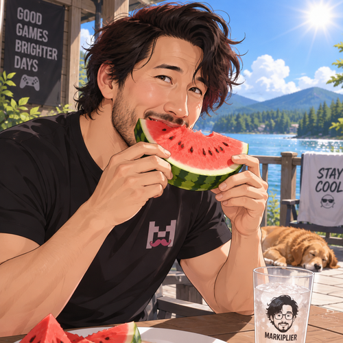 Markiplier is eating a watermelon on a hot summer day 