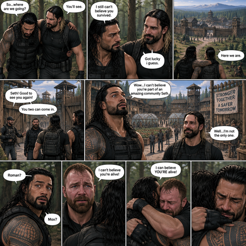 (Part 2 of the Zombie Apocalypse story). Still in the woods,Still far away from the zombies. Roman Reigns was still limping from the sprained ankle and Seth Rollins was helping him walk. It had been 4 hours since they reunited. “So…where are we going?” Roman asked. “You’ll see” said Seth. “I still can’t believe you survived” Said Roman. “Got lucky i guess” said Seth. They kept walking till they spotted a community like town up a head. “Here we are” Said Seth. They walked towards it. One of the guards recognized Seth. The guards let Seth and Roman in. Roman looked at the surroundings,he was amazed. “Wow…I can’t believe you’re part of an amazing community Seth” Said Roman. “Well…I’m not the only one” said Seth. Before Roman could ask what Seth ment….He heard a familiar voice behind him “Roman?”. He turned around…it was Jon Moxley (formerly known as Dean Ambrose). “Mox?” Asked Roman. Tears welled up In Jon and Roman’s eyes. They hugged each other and cried tears of joy. “I can’t believe you’re alive!” Said Jon. “I can believe YOU’RE alive!” Said Roman