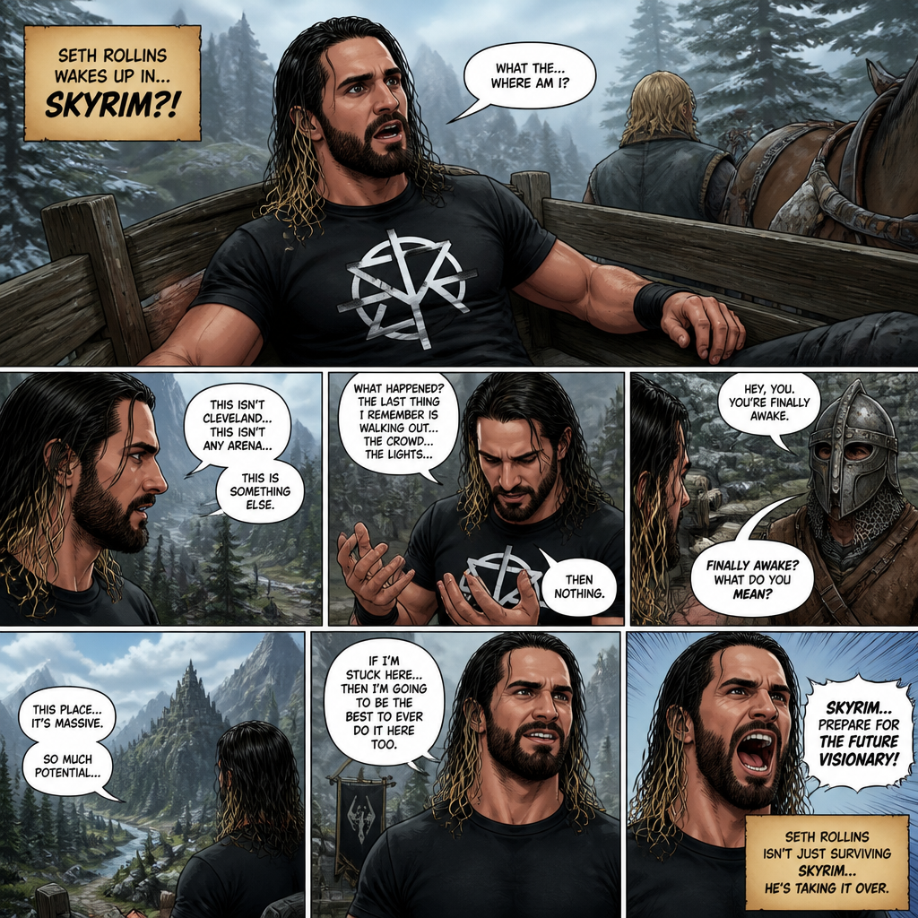 WWE superstar Seth Rollins Waking up the the realm of Skyrim