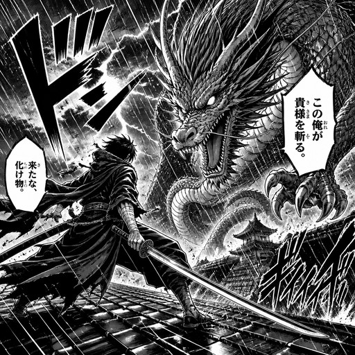 a swordsman facing a dragon on a rainy rooftop