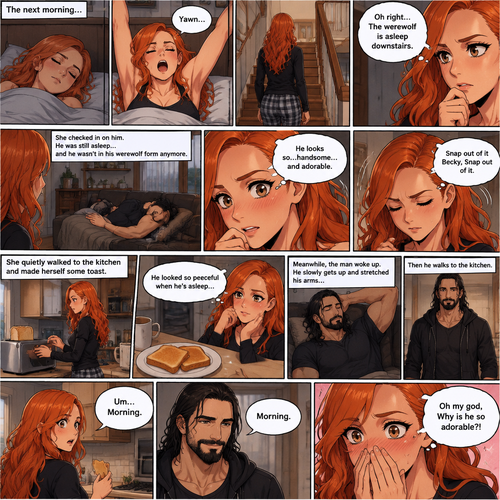 (Part 3 of the werewolf x human story) The next morning,Becky Lynch was asleep in her bed. Then she woke up. She got up and stretched her arms. She walked downstairs…then she remembered that the Werewolf (Seth Rollins) was asleep downstairs. She checked in on him. He was still asleep…and he wasn’t in his werewolf form anymore. She couldn’t help but look at him…and blush. “He looks so…handsome…and adorable” Becky said to herself. Then she shook her head. “Snap out of it Becky,Snap out of it” Becky said to herself. She quietly walked to the kitchen and made herself some toast. She couldn’t help but think about how peaceful he looked when he’s asleep. Meanwhile,The man woke up. He slowly gets up and stretched his arms,Then he walks to the kitchen. Becky notices him. “Um..Morning” Said Becky. The man Smiled softly. “Morning” The man said softly. “Oh my god,Why is he so adorable?!” Becky thought to herself