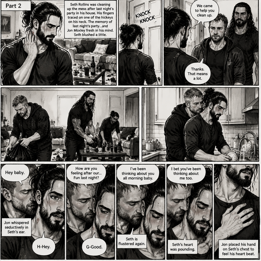 (Part 2) Seth Rollins was cleaning up the mess after last night’s party in his house. His fingers traced on one of the hickeys on his neck. The memory of last night’s party…and Jon Moxley Fresh in his mind. Seth blushed a little,Then there was a knock on the door. Seth walked to the door and answered it,It was Jon and Roman Reigns. They came to help Seth clean up. Seth was thankful for that. They cleaned up the living room. Seth walked to the kitchen to clean the dishes. Jon silently walked to the kitchen and stood behind Seth,Then he wrapped his arms around Seth’s waist. Seth gasped softly. “Hey baby” Jon whispered seductively in Seth’s ear. Seth blushed. “H-Hey” Seth said nervously. “How are you feeling after our…Fun last night?” Jon asked softly. “G-Good” Seth said Softly and nervously. Jon whispered seductively in Seth’s ear “I’ve been thinking about you all morning baby”. Seth is Flustered again. Jon whispered seductively in Seth’s ear again “I bet you’ve been thinking about me too”. Seth’s heart was pounding. Jon placed his hand on Seth’s chest to feel his heart beat.