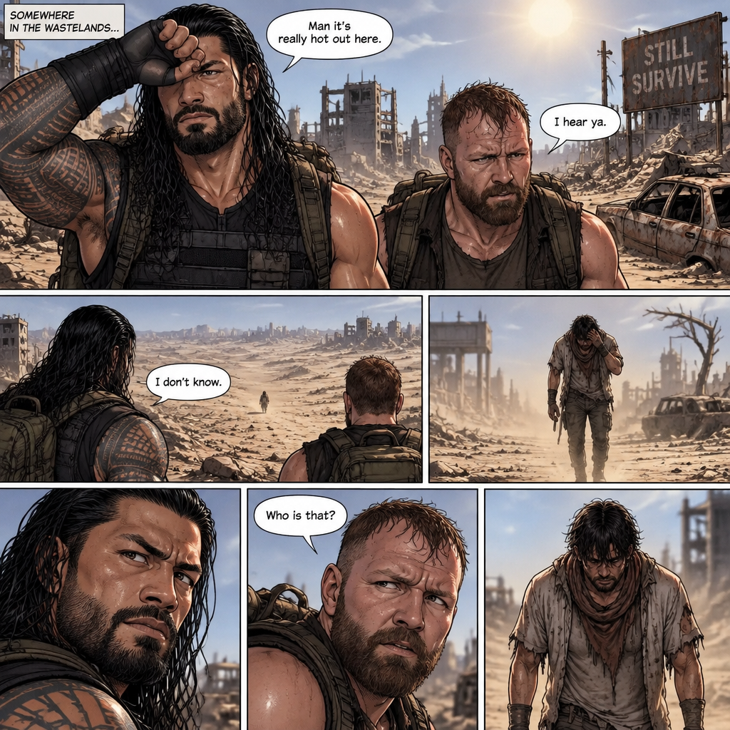It’s a post apocalyptic world,Roman Reigns and Jon Moxley were side by side surviving the apocalypse together.They fought Bandits and raiders and scavenged for supplies.One day it was really hot outside. “Man it’s really hot out here” Said Roman. “I hear ya” Said Jon.They were about to head back to their base…then they see a person in the distance,He looked like he was overheating. “Who is that?” Asked Jon “I don’t know” said Roman.The person must’ve saw them because he began to walk towards them