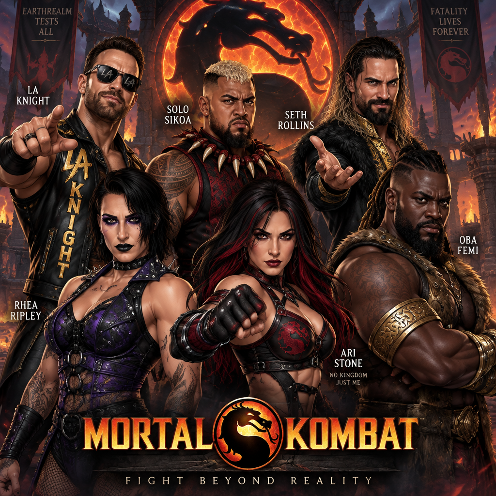 LA Knight,Solo Sikoa,Seth Rollins,Oba Femi,Rhea Ripley and Ari Stone (My Female wrestler oc) in Mortal Kombat