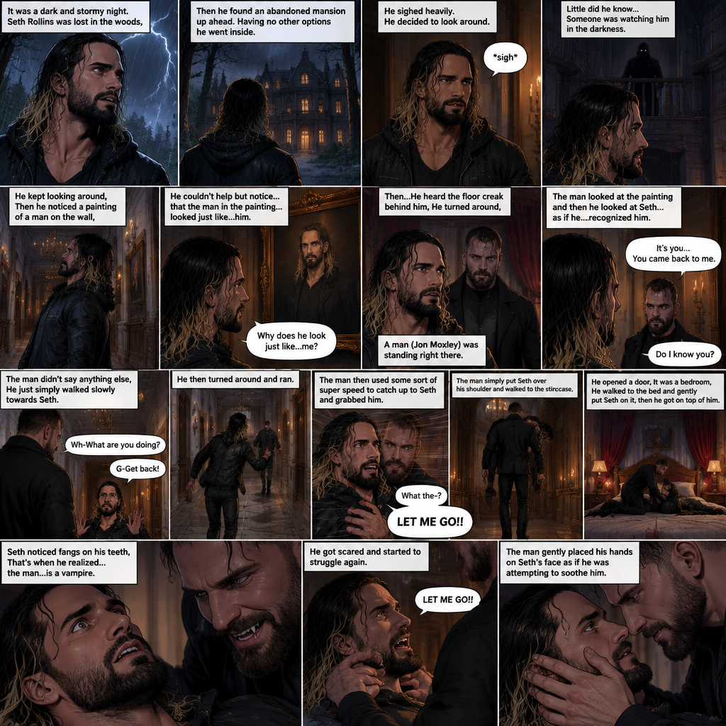 It was a dark and stormy night.Seth Rollins was lost in the woods,Then he found an abandoned mansion up ahead.Having no other options he went inside.He sighed heavily.He decided to look around,Little did he know…Someone was watching him in the darkness.He kept looking around,Then he noticed a painting of a man on the wall,He couldn’t help but notice…that the man in the painting…looked just like…him. “Why does he look just like…me?” Seth asked himself.Then…He heard the floor creak behind him,He turned around,A man (Jon Moxley) was standing right there.The man Looked at the painting and then he looked at Seth…..as if he….recognized him. “It’s you…You came back to me” The man said softly to Seth.Seth was confused. “Do I know you?” Seth asked.The man didn’t say anything else,He just simply walked slowly towards Seth.Seth got nervous and walked backwards slowly. “Wh-What are you doing?” Asked Seth. “G-Get back!” Said Seth.He then turned around and ran.The man then used some sort of super speed to catch up to Seth and grabbed him. “What the-?” Asked Seth. He struggled. “LET ME GO!!” Seth shouted.The man simply put Seth over his shoulder and walked to the staircase,Seth kept struggling…but it was no use.The man walked down the hallway,He opened a door,It was a bedroom,He walked to the bed and gently put Seth on it,then he got on top of him.The man Smiled,Seth noticed fangs on his teeth,That’s when he realized…the man…is a vampire,He got scared and started to struggle again.The man gently placed his hands on Seth’s face as if he was attempting to soothe him