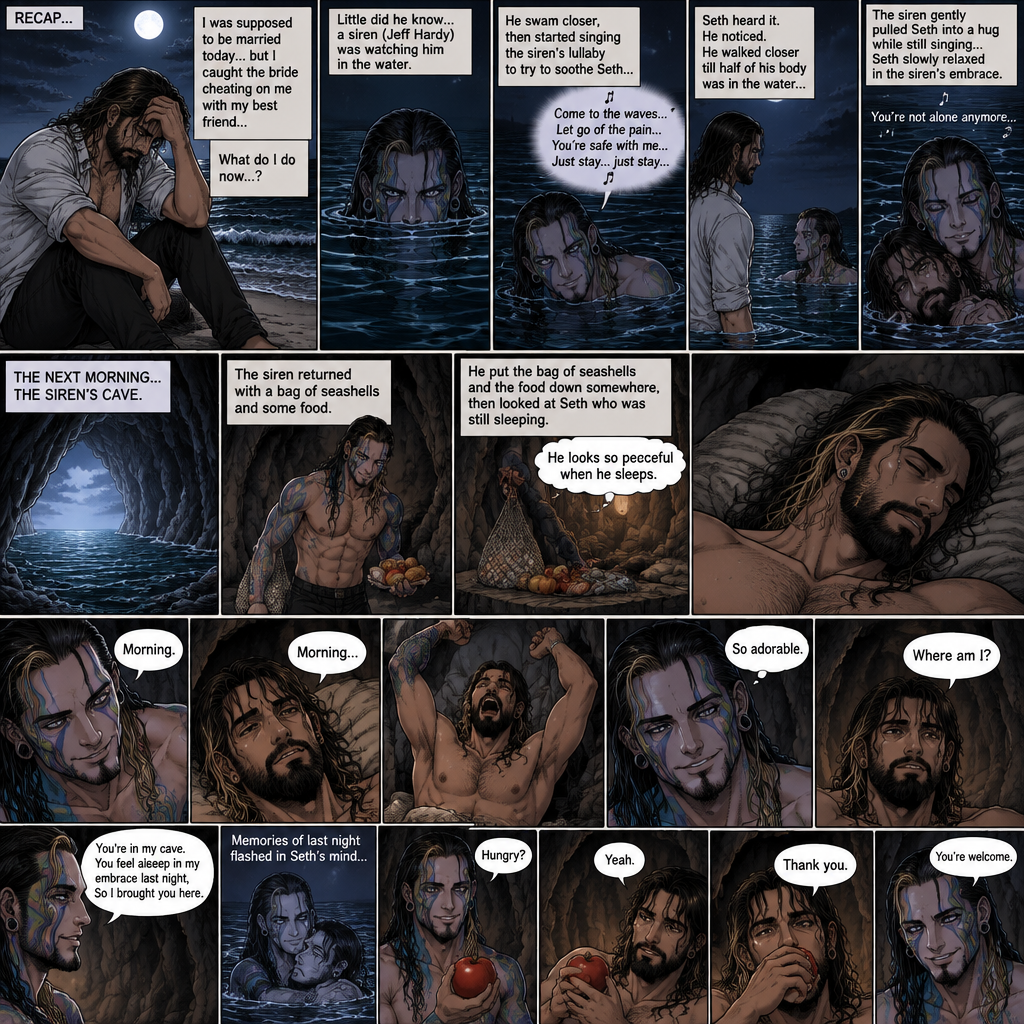 (Recap)Seth Rollins was on a beach alone at night crying because He was about to be married today….but he caught the bride cheating on him with his best friend,He’s lost in thought about what to do,Little did he know…..A siren (Jeff Hardy) was watching him in the water,he swam closer,Then the siren started singing the siren’s lullaby to try to Soothe Seth,Seth heard it,He noticed. He walked closer till half of his body was in the water,The siren gently pulled Seth into a hug while he was still singing,Seth slowly relaxed in the siren’s embrace. (And now part 2) The next morning,we’re in the siren’s cave,Seth was asleep in some sort of makeshift bed. The siren returned with a bag of seashells and some food. He put the bag of seashells and the food down somewhere,Then he looked at Seth who was still sleeping. “He looks so peaceful when he sleeps” Said the siren. Then Seth slowly woke up. “Morning” The Siren said softly. “Morning” Seth said in a sleepy tone. Seth slowly sat up and stretched his arms out while he yawned. The siren smiled. “So adorable” the siren said in his mind. Seth looked at his surroundings. “Where am I?” Seth asked softly. “You’re in my cave,you feel asleep in my embrace last night,So I brought you here” The siren said softly. Memories of last night flashed in Seth’s mind. The siren grabbed an apple and handed it out to Seth. “Hungry?” The siren asked. “Yeah” Seth said softly. He takes the apple from the siren,Then he took a bite. “Thank you” said Seth. “You’re welcome” said The siren. (end of part 2)