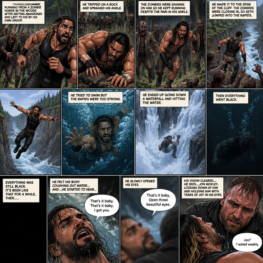 (Recap) Seth Rollins was running from a zombie horde in the woods after getting abandoned and left to die by his own group,He tripped on a rock and sprained his ankle,The zombies were gaining on him so he kept running despite the pain in his ankle,He made it to the edge of the cliff,The zombies were closing in,So Seth jumped into the rapids,He tried to swim but the rapids were too strong,He ended up going down a waterfall and hitting the water,Then everything went black. (And now part 2). Everything was still black. It’s been like that for a while,Then…..He felt his body coughing out water…and….he started to hear….A familiar voice fade in “That’s it baby,That’s it baby,I got you”. He slowly opened his eyes,The familiar voice spoke again “That’s it baby,Open those beautiful eyes”. Seth’s vision cleared….He sees….Jon Moxley..Looking down at him and holding him with tears of joy in his eyes. “Jon?” Seth asked weakly