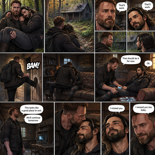 (Part 5). Still in the zombie apocalypse. Jon Moxley was walking in the woods while Holding Seth Rollins in his arms after emotional reunion near the river. Seth was resting his head on Jon’s shoulder while holding on. Jon looked ahead and he sees an abandoned Cabin. Seth Sees it too. Jon and Seth looked at each other,Then they looked back at the cabin. “That’ll work” Jon and Seth said in unison. Jon walked to the cabin,Then he kicked the door open and walked inside. He gently put Seth down on the couch. He reached into his bag and pulled out a first aid kit,He gently lifted Seth’s sprained ankle,He grabbed an ice pack from the first aid kit and gently puts it on Seth’s ankle. “That should do it for now” said Jon. Seth nodded. Jon looked at his surroundings. “This looks like a good place to rest” said Jon. “We’ll continue tomorrow” Jon continued. “Ok” said Seth. Jon gently kissed Seth on the forehead. Seth smiled softly. “I missed you” Seth said softly. Jon smiled softly. “I missed you too baby” Jon said Softly. (End of part 5)