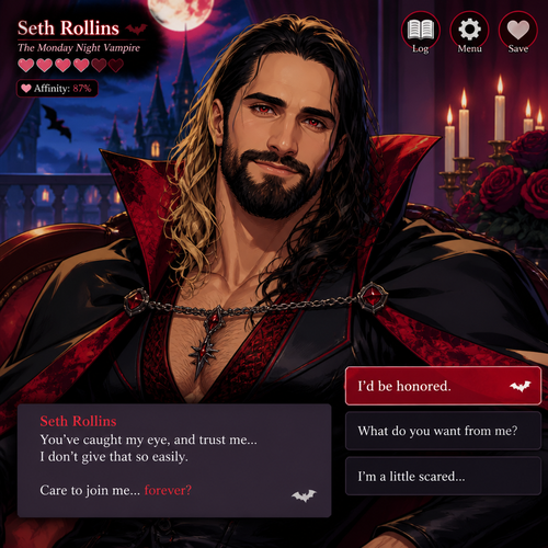 WWE superstar Seth Rollins as a vampire in a dating Sim game