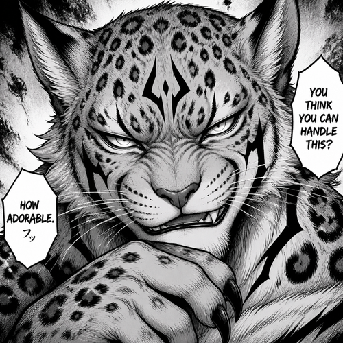 Snow leopard fused with Sukna close up front view being cocky 