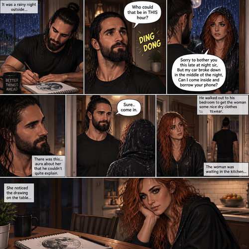 It was a rainy night outside,Seth Rollins was alone in his house,He drawing a picture of the moon on his notebook.Then the doorbell rang. “Who could that be in THIS hour?” Seth  asked himself. He got up and opened the door,A young Irish woman (Becky Lynch) was standing outside on his porch soaking wet from the rain wearing a hood. “Sorry to bother you this late at night sir,But my car broke down in the middle of the night,Can I come inside and borrow your phone?” Asked the woman.Seth looked at the woman,There was this…aura about her that he couldn’t quite explain.He decided to let her in. “Sure..come in” said Seth.The woman walked in and Seth shut the door.He walked out to his bedroom to get the woman some nice dry clothes to wear,The woman was waiting in the kitchen,She noticed the drawing on the table