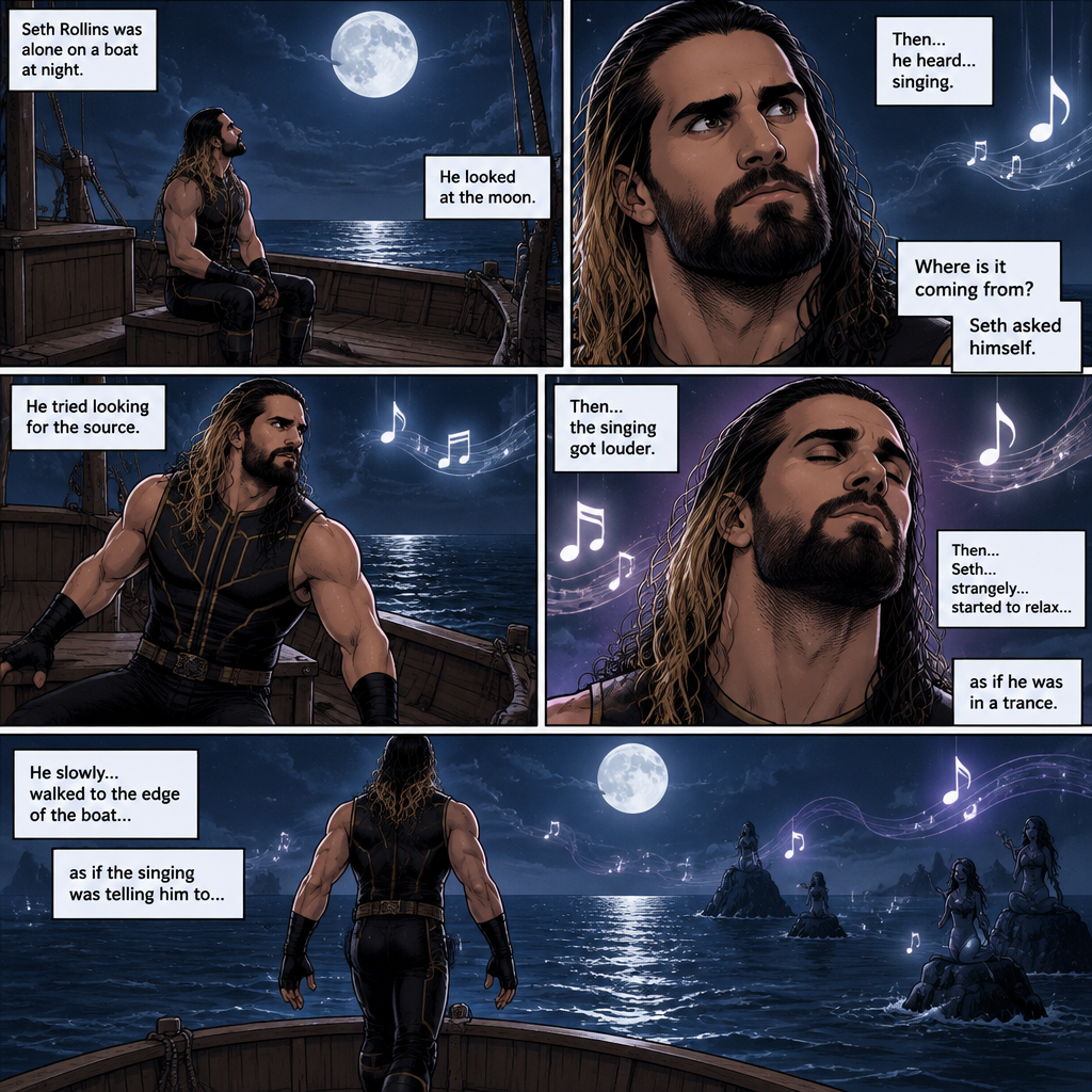 Seth Rollins was alone on a boat at night,He looked at the moon. Then….he heard…singing,he tried looking for the source. “Where is it coming from?” Seth asked himself. Then….the singing got louder,Then….Seth…strangely….started to relax…as if he was in a trance. He slowly…walked to the edge of the boat…as if the singing was telling him to
