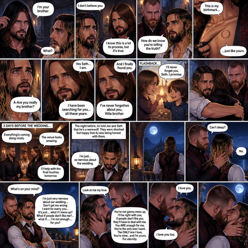(Recap) Seth Rollins (The vampire hunter turned Bride of the Vampire king) was almost kidnapped by A mysterious figure (AJ Styles),Jon Moxley (Vampire King) Saved Seth,The man took off the hood and revealed he’s Seth’s brother,Seth was stunned. “What?” Seth asked,”I’m your brother” said Aj,Seth shook his head a little,”I don’t believe you” Said Seth,”I know this is a lot to process,but it’s true” said Aj,Jon gently pulled Seth to his side,”How do we know you’re telling the truth?” Jon asked cautiously,Aj shows his birthmark,It’s the shape of a crescent moon…just like Seth’s. Seth was stunned,All this time he thought he was the only one with that birthmark’”A-Are you really my brother?” Seth asked,”Yes Seth…I am” said Aj,”I have been searching for you…all these years” Aj paused,Tears welling up in his eyes,”And I finally found you” Aj continued,Seth didn’t know what to say,Neither did Jon,”I’ve never forgotten about you,little brother” Said Aj,Something flashed in Seth’s mind,it was a memory of himself and Aj when they were little,Aj (as a kid) had promised Seth he would never forget him,The flashback ends,Tears welled up in Seth’s eyes,Seth and Aj hugged each other,Jon just watched. (And now part 8). 3 days before the wedding,Seth and Jon were still preparing. Aj helped out. The night before Aj had told Jon and Seth that he’s a werewolf. Seth and Jon were shocked but were happy that Aj was being honest with them. Seth was on the balcony Looking at the view and Looking nervous about the wedding. Jon appeared behind him checking in on him. “Can’t sleep?” Jon asked. “No” Said Seth. Jon wrapped his arms around him. “What’s on your mind?” Jon asked. “I’m just very nervous about our wedding,Don’t get me wrong I want to marry you…It’s just….what if I mess up? What if people don’t like me?…what if…..I’m not enough….for you?” Said Seth. “Look at me my love” Jon said softly. Seth looked up at him. “You’re not gonna mess up,I’ll be right with you,If people don’t like you they’ll have to deal with me,You ARE enough for me,You’re the only one I want,The ONLY one i love,You’re mine..and I’m yours,For eternity” Jon said softly. Seth’s heart fluttered. Jon kissed him softly. “I love you” Jon said Softly. “I love you too” Seth said softly. They kissed again. (End of part 8)