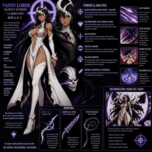 Female Latina Vasto lorde  Quincy  hybrid from bleach what are the powers and weapons