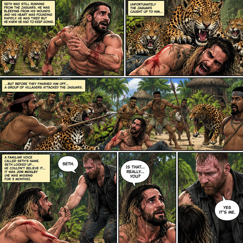 (Recap) Seth Rollins was on a cruise,then one night Thunder came,Seth got up from bed,The ship was rocking against the waves,Seth fell overboard,He swam as best he could,A wave crashed down on him,Everything went black,A few hours later,Seth woke up on shore,He was on an island,8 days have passed,He was still on the island,He walked to the jungle for more food,Then a group of jaguars attacked him,They bit him in the arm and leg,He managed to yank them off him and ran. (And now part 3). Seth was still running from the jaguars. He was bleeding from his wounds and his heart was pounding rapidly,He was tired but he knew he had to keep going. Unfortunately the jaguars caught up to him….but before they finished him off….a group of villagers attacked the Jaguars. A familiar Voice called Seth’s name. Seth looked up….He couldn’t believe it….It was Jon Moxley (He was missing for 3 months). Jon gently helped Seth stand up. “Is that….really….you?” Seth asked. “Yes it’s me” Said Jon