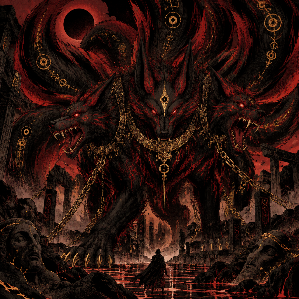 Nine tailed fox Karma from Naruto fused with Cerberus from Greek mythology. Color to use dark black fiery red royal golden