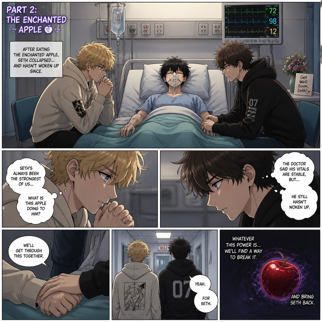 Part 2 of the enchanted apple story.Seth is now at the hospital Still unconscious after eating the enchanted apple with Randy and Cody by his side