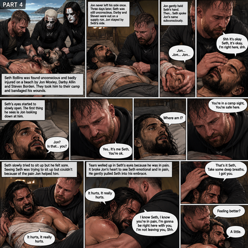 Part 4 of the apocalypse story.Seth Rollins was found unconscious and badly injured on a beach by Jon Moxley,Darby Allin and Steven Borden (Sting’s son).They took him to their camp and bandaged his wounds.Jon never left his side once.3 days later,Seth was still unconscious,Darby and Steven were out on a supply run,Jon stayed by Seth’s side for the past three days.Jon gently held Seth’s hand,Then…Seth Spoke Jon’s name subconsciously “Jon…Jon…Jon”.Jon gently stroked Seth’s head. “Shh It’s okay Seth,It’s okay,I’m right here,shh” Jon whispered.Seth breathed softly,Then….His eyes started to slowly open,The first thing he sees is Jon looking down at him. Seth spoke weakly “Jon?,Is that…you?”. “Yes..It’s me Seth,You’re ok” Jon said softly. “Where am I?” Seth Asked in a weak voice. “You’re in a camp sight,You’re safe here” Jon said Softly.Seth slowly tried to sit up but he felt sore.Seeing Seth was trying to sit up but couldn’t because of the pain Jon helped him.Tears welled up in Seth’s eyes because he was in pain,He got emotional.It broke Jon’s heart to see Seth emotional and in pain,He gently pulled Seth into his embrace as Seth was crying in pain. “It hurts,It really hurts” Seth said through his tears.Jon gently rubbed Seth’s back to soothe him. “I know Seth,I know you’re in pain,I’m gonna be right here with you,I’m not leaving you,Shh” Jon said To Seth Softly.Seth took some deep breaths. “That’s it Seth,Take some deep breaths,I got you” Jon said softly.Seth eventually stopped crying.Jon was still gently rubbing Seth’s back. “Feeling better?” Jon asked softly. “A little” Seth said softly
