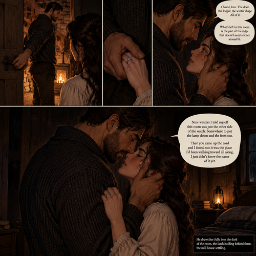 Cormac steps in behind her and pulls the door shut with one hand, the latch settling soft. The fire below throws its last gold up the stairwell, and the room holds the dark the way the mill house has always held it, except warmer now. He finds her hand in the low light, his thumb pressing once over the ring before he draws her in.
Closed, love. The door, the ledger, the winter shape. All of it. What's left in this room is the part of the ridge that doesn't need a fence around it.
His hand comes up to the side of her face, thumb resting at her temple, and he holds there a long beat, the way he checks a staple before he drives it home. When he leans in, his voice drops to the low, unhurried register that has never been for any other ear in this house.
Nine winters I told myself this room was just the other side of the watch. Somewhere to put the lamp down and the frost out. Then you came up the road and I found out it was the place I'd been walking toward all along, I just didn't know the name of it yet.
He draws her fully into the dark of the room, the latch holding behind them, the mill house settling