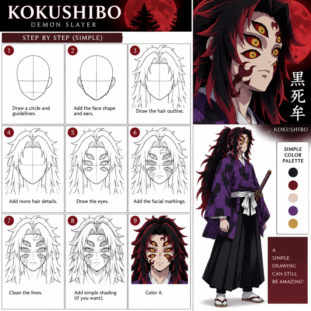 I want a Demon slayer, Koka Shibo drawing easy that I want to draw in my notebook. Please show me simple sketch of him. I want to run neatly in my notebook. Super want to generate.