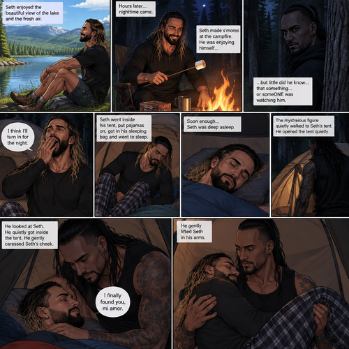 Seth Rollins was camping in the woods,he was enjoying the view of the lake and enjoying the fresh air,Hours later nighttime came,He was making s’mores at the campfire.He was enjoying himself…but…little did he know…that something…or someONE was watching him.Seth eventually got tired and yawned. “I think I’ll turn in for the night” said Seth.He went inside his tent,put pajamas on,got in his sleeping bag and went to sleep,Soon enough…Seth was deep asleep.The mysterious figure (Damien Priest) quietly walked to Seth’s tent,He opened the tent quietly.He looked at Seth,He quietly got inside the tent.He gently caressed Seth’s cheek. “I finally found you,mi amor” The man said softly and quietly.He gently lifted Seth in his arms