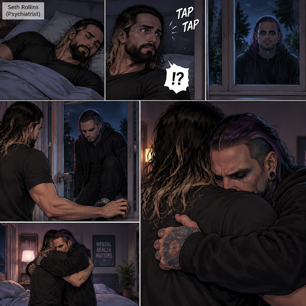 (Part 3) It’s nighttime,Seth Rollins (Psychiatrist) was asleep in his bed,Then…He heard a tap on his window,It was Jeff Hardy his old patient. Seth was shocked and ran to his window. He opened the window to let Jeff in. Jeff didn’t say anything….He just hugged Seth