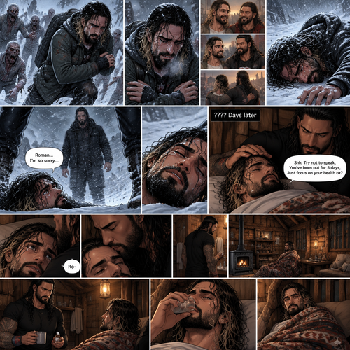 There was a blizzard outside,Seth Rollins was in the middle of it,He had just escaped a horde of zombies hours before.He was shaking because of the cold.He walked around in the blizzard completely lost.His tears streamed down his face.He started having flashbacks about the time before the Zombie Apocalypse began.Eventually….He stopped walking…And fell onto the snow,Then….he heard footsteps walking towards him…and stopped in front of him.He looked up…It was Roman Reigns.He thinks it’s a hallucination. “Roman…I’m so sorry” Seth said to the “Hallucination”,Then he slowly lost consciousness. ???? Days later,Seth was still unconscious,He felt a hand gently stroke his head,He slowly regained consciousness,The first thing he saw when he woke up…was Roman looking at him and Gently stroking his head.He tried to speak “Ro-“. “Shh,Try not to speak,You’ve been out for 5 days,Just focus on your health ok?” Roman said Softly.Seth gave a small nod.Roman smiled softly and gently kissed his forehead.Roman went to the bathroom to get Seth some cold medicine.Seth looked at his surroundings while he waited,He noticed this place is some sort of cabin,Then he noticed he was gently wrapped in a warm blanket.Roman came back with the cold medicine.Seth slowly sat up.Roman Gave Seth the medicine,He drank it