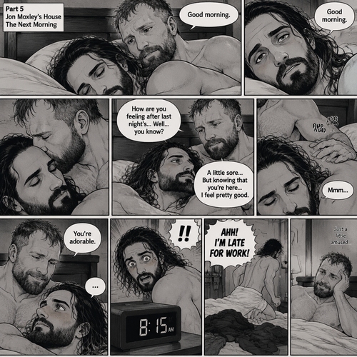 (Part 5). Still at Jon Moxley’s house. The next morning,Seth Rollins was asleep in Jon’s bed after last night’s activity. After a while Seth woke up,Jon was awake Before Seth was. “Good morning” Jon said softy. “Good morning” Seth Said Softly. Jon gently kissed Seth’s forehead. “How are you feeling after last night’s…Well..you know?” Jon asked. “A little sore…But knowing that you’re here..I feel pretty good” Seth said Softly. Jon gently rubbed Seth’s back. Seth hummed softly. Jon smiled softly. “You’re adorable” Said Jon. Seth blushed a little. Seth then looked at the alarm clock…then his eyes widened in horror…it was 8:15. “AHH!,I’M LATE FOR WORK!” Seth yelled then scrambled out of bed to get dressed. Jon just sat there a little amused
