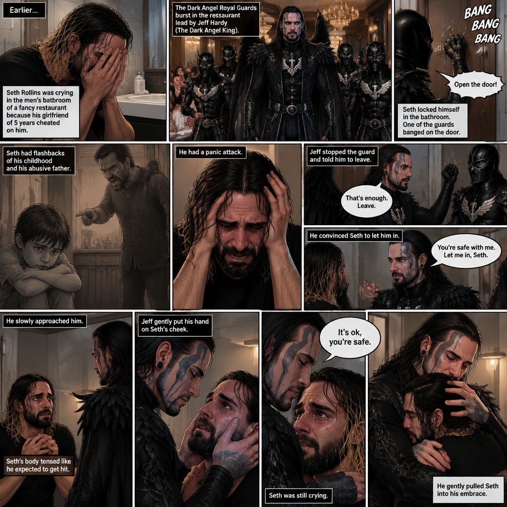 (Recap) Seth Rollins was crying in the men’s bathroom of a fancy restaurant because his girlfriend of 5 years cheated on him,then Dark angel royal guards burst in the restaurant lead by Jeff Hardy (The dark angel king),Seth locked himself in the bathroom,one of the guards banged on the door,Seth had flashbacks of his childhood and his abusive father,Seth had a panic attack,Jeff stopped the guard and told him to leave,He convinced Seth to let him in,He slowly approached him,Seth’s body tenses like he expected to get hit,Jeff gently put his hand on Seth’s cheek. (And now part 2). Seth was still crying. “It’s ok,you’re safe” Jeff said softly. He gently pulled Seth into his embrace