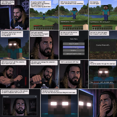 Seth Rollins was playing Minecraft alone on his computer,then he sees a player with a default skin in the distance,His back was facing Seth. The strange part about it…was that there was no name tag above the player. Seth got suspicious,He moved his character closer to the player. He typed in the chat bar “Hello?”. The player didn’t respond. Seth typed in the chat bar again “Who are you?”. The player slowly turned around….It wasn’t a player at all….it was Herobrine. Seth got spooked,He’s heard about the legend of Herobrine before. He tried to exit the server….but it didn’t work,He tried to close the game…but it didn’t work either. Herobrine kept staring at Seth. Seth tried to turn off the computer…But it wouldn’t turn off. Herobrine walked slowly to the screen. Seth panicked and unplugged the computer….but it was still on. Seth was paralyzed with fear. Then….Herobrine spoke through the chat bar “Let me see you”. He somehow got access to the webcam on Seth’s computer and turned it on. Herobrine stared at Seth…as if he was the most precious thing he’s ever seen. (End of part 1)