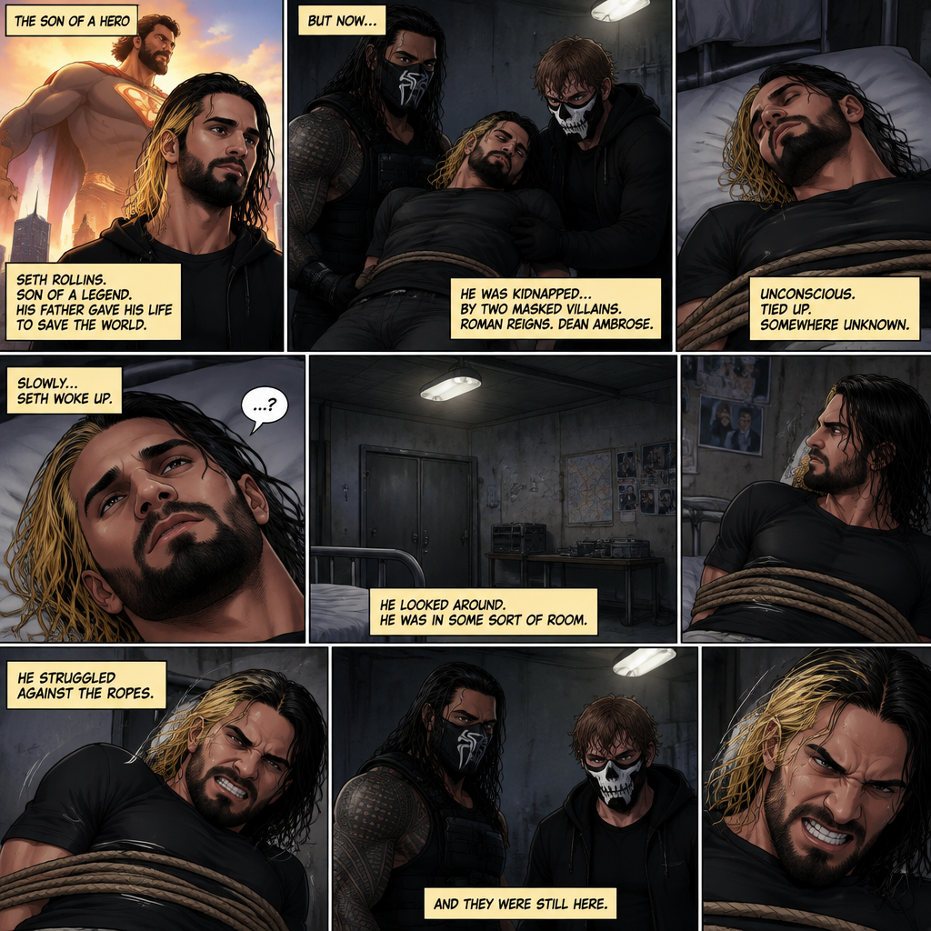 (Part 2 of an Ambrolleigns story) Seth Rollins was the son of a famous superhero who sacrificed himself for the world,He had just been kidnapped by two masked villains (Roman Reigns and Dean Ambrose). Seth was unconscious and tied up,Then he slowly woke up on some sort of bed. He looked at his surroundings,He was in some sort of room. He struggled against the ropes
