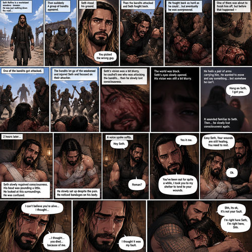 (Recap).Seth Rollins is a wasteland wonderer,He was just walking down the road,Then suddenly A group of bandits appeared,Seth stood his ground,Then the bandits attacked and Seth fought back,He fought back as hard as he could,but eventually he was overpowered,The bandits beat him up really badly,One of them was about to finish him off but before that happened One of the bandits got attacked,The bandits let go of the weakened and Injured Seth and focused on their attacker,Seth’s vision was a bit blurry,he couldn’t see who was attacking the bandits,then he slowly lost consciousness. (And now part 2). The world was black. Seth’s eyes slowly opened,His vision was still a bit blurry. He feels a pair of arms carrying him. He wanted to move and say something…but somehow he can’t. Then he heard a faint voice saying “Hang on Seth,I got you”. It sounded familiar to Seth. Then…Seth slowly lost consciousness again. 2 hours later,Seth slowly regained consciousness. His head was pounding a little. He looked at his surroundings. He was confused. He slowly sat up despite the pain. He noticed bandages on his body,Then….A voice spoke softly “Hey Seth”. He recognized that voice…it was Roman Reigns. Seth looked up. “Roman?” Seth asked softly. Roman Sat next to Seth. “Yes it me” Roman said softly. Seth tried to get up but Roman stopped him. “Easy Seth,Your wounds are still healing,You need to rest” said Roman. “Ok” Seth said softly. “You’ve been out for quite a while,I took you to my shelter to tend to your wounds” Roman said softly. Seth was quiet for a little. Then he spoke “I can’t believe you’re alive…I thought…” tears welled up in his eyes,Then he continued to speak “…I thought…you died…because of me”. Roman was sad to hear that Seth blamed himself for what happened. “I thought it was my fault” Seth said through his tears. Roman gently hugged Seth while he sobbed. “Shh,its ok,It’s not your fault,I’m right here Seth,I’m right here,Shh” Roman said softly